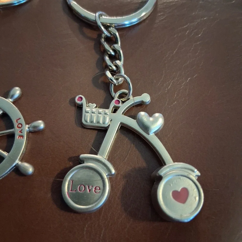 Cute Brushed Nickel Finish Keychains Bag Charm Lot Of 2 Hearts Love Ship...